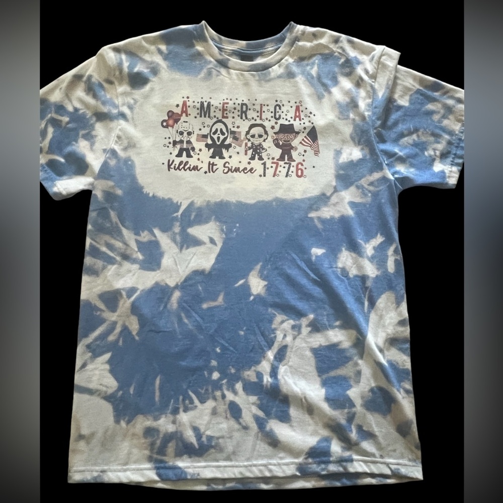 America killin it scary Fourth of July tee shirt bleached red white blue